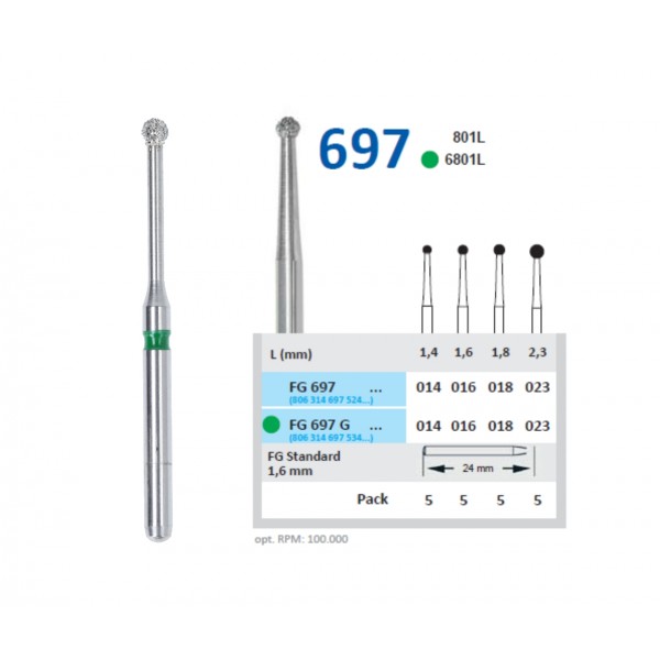 Freze diamantate, sferice cu gatul lung, forma 697 HORICO